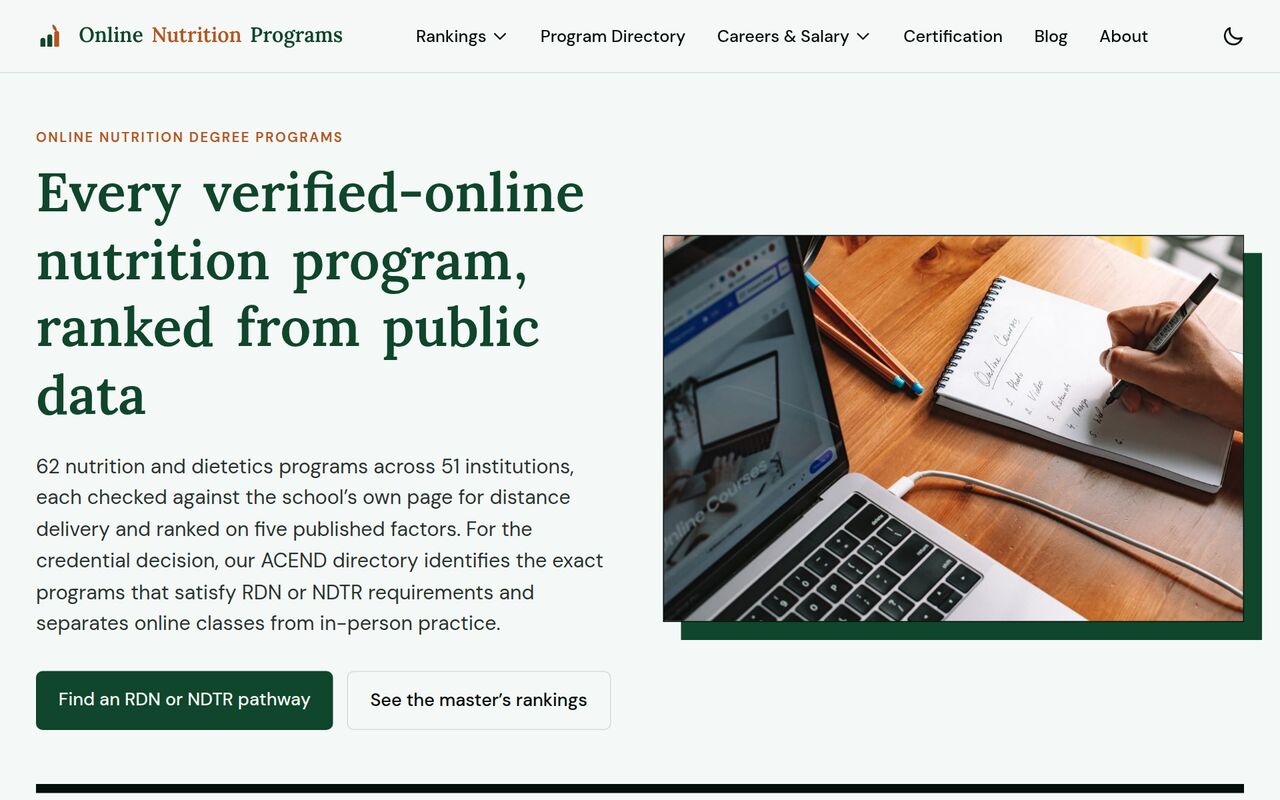 Homepage of onlinenutritionprograms.com